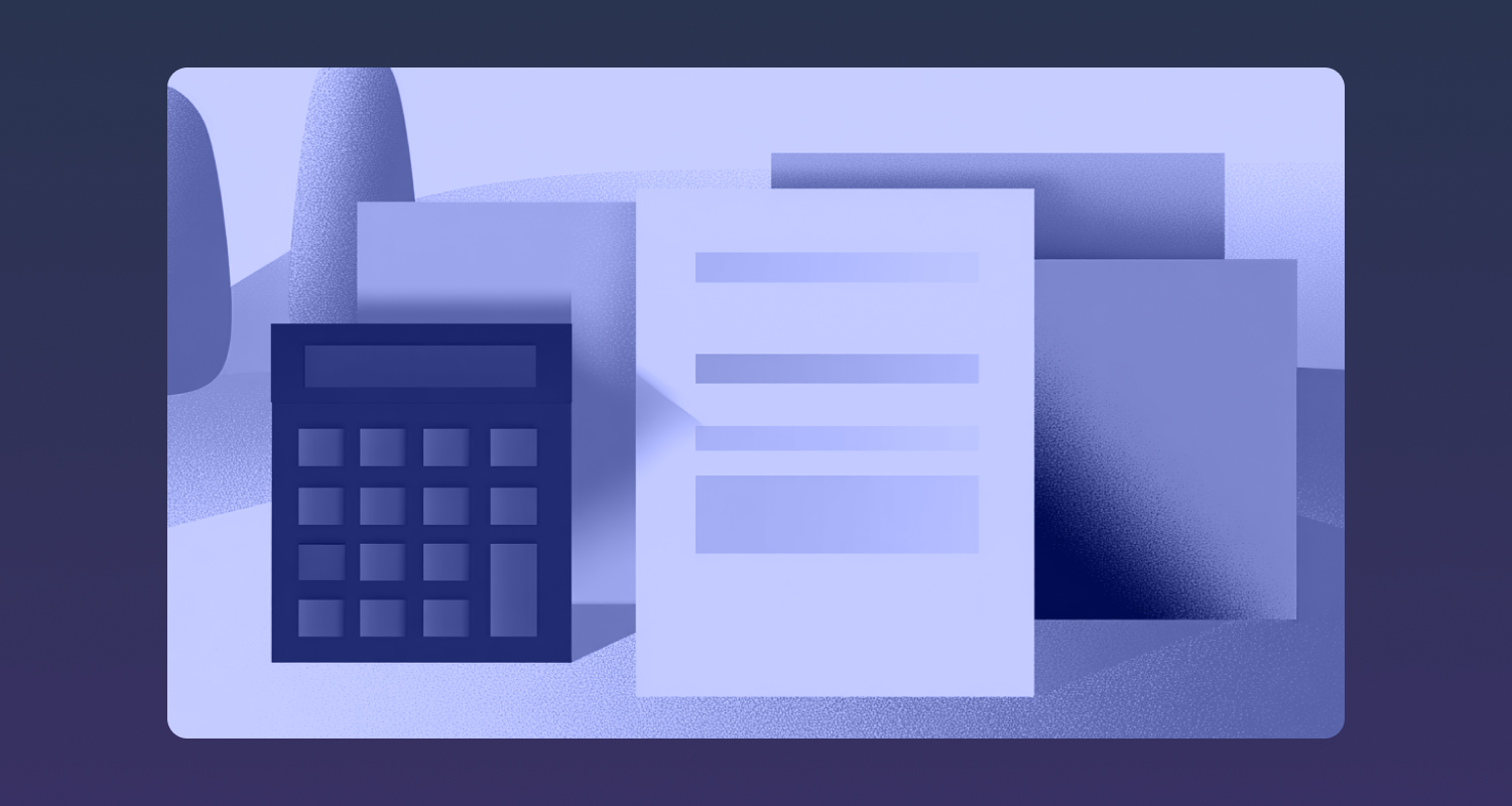 Abstract illustration of calculator and documents in purple tones, symbolizing finance and budgeting.