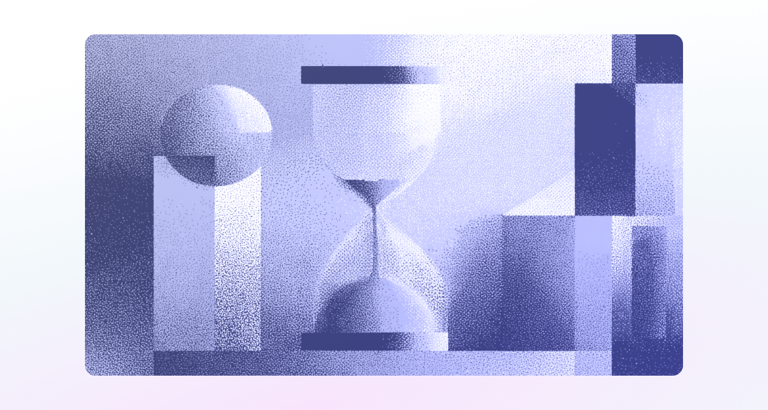 Abstract geometric illustration with hourglass and shapes in purple tones.