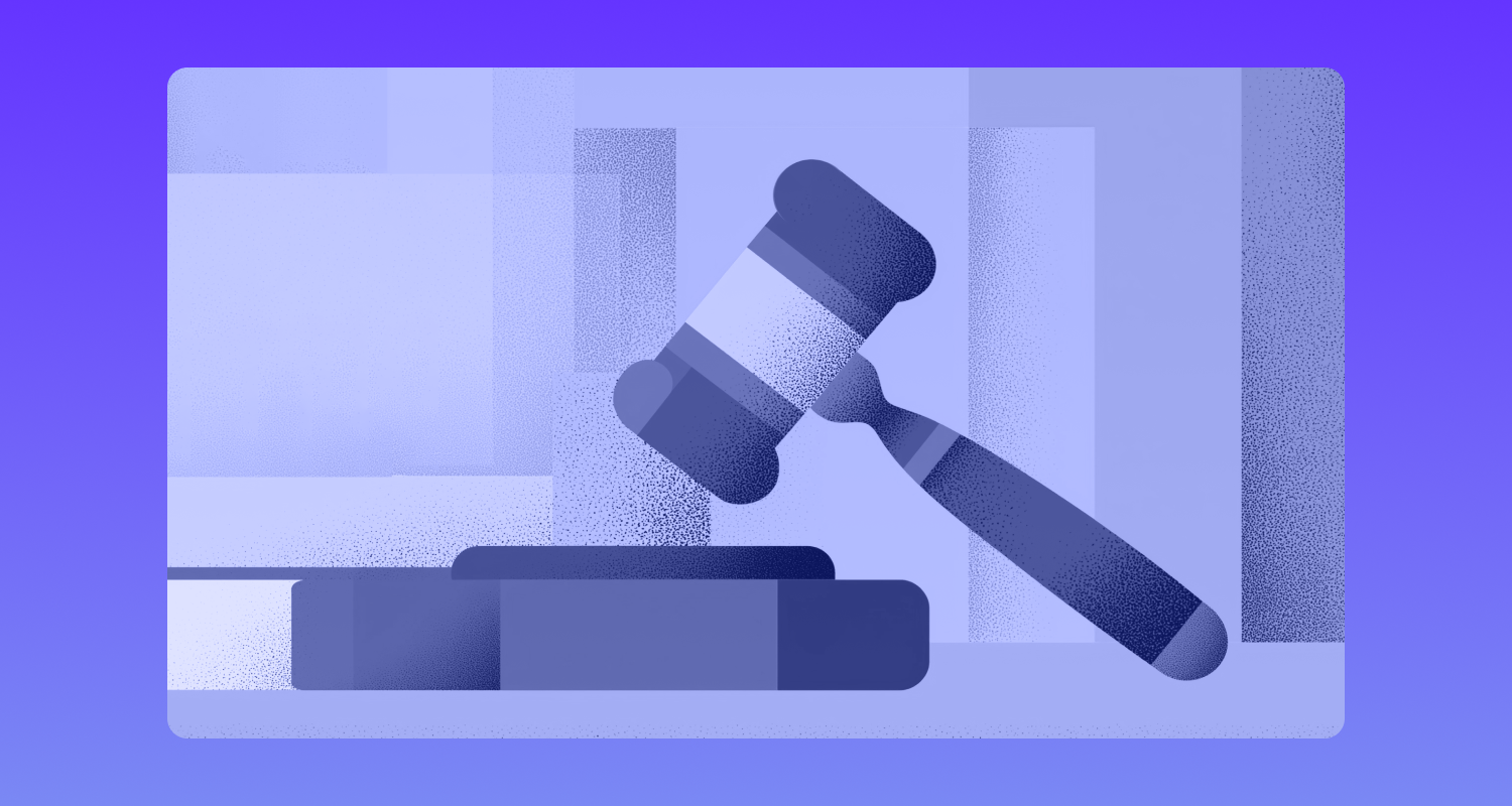 Abstract illustration of a judge’s gavel and books in purple tones, symbolizing law and justice.