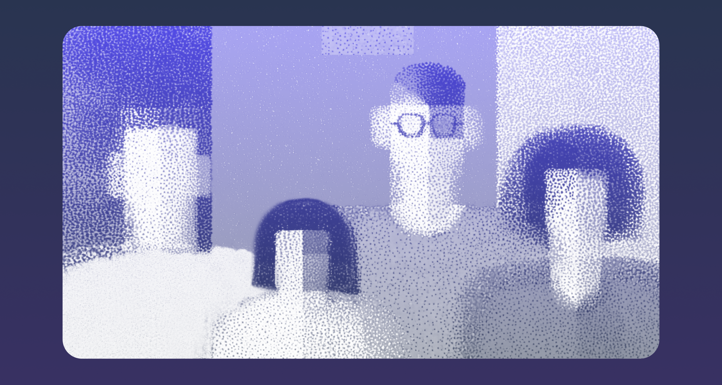 Abstract illustration of diverse people in purple tones, symbolizing teamwork and collaboration.