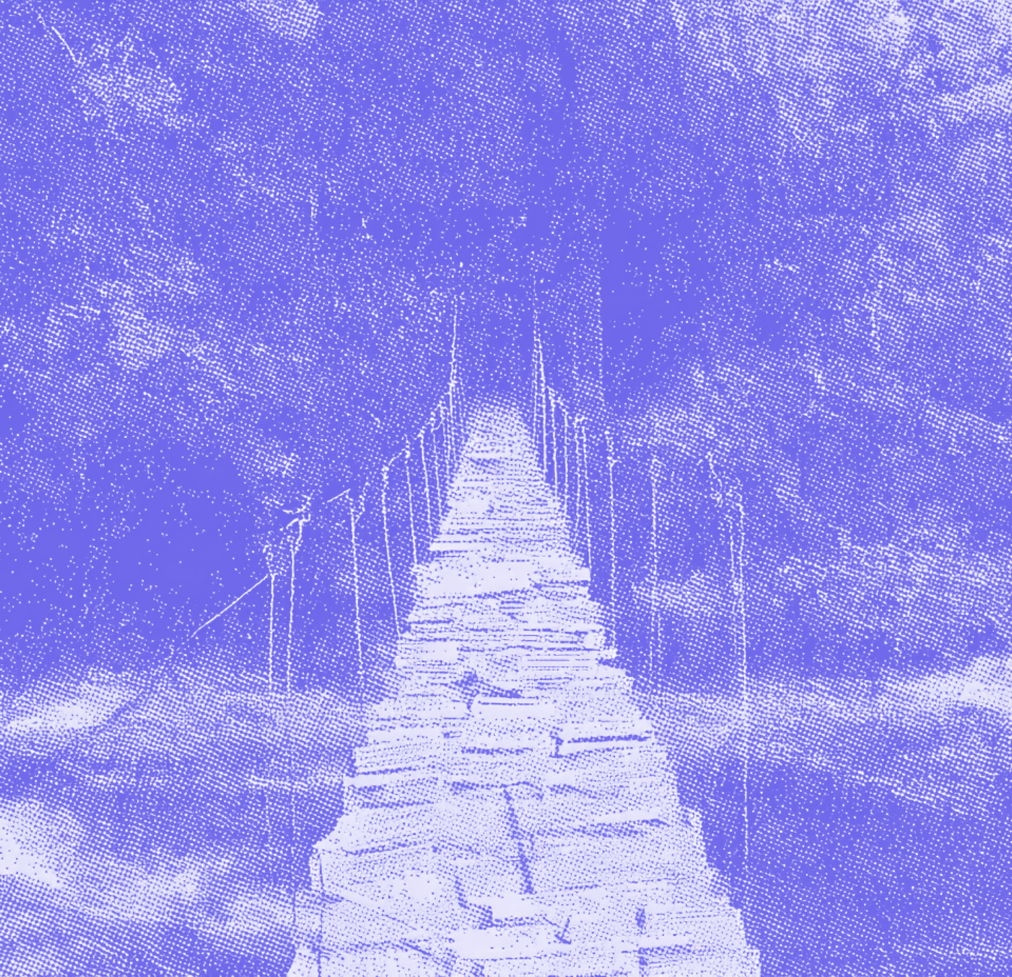 Stylized illustration of a narrow suspension bridge extending through a dense forest, rendered in a textured blue tone