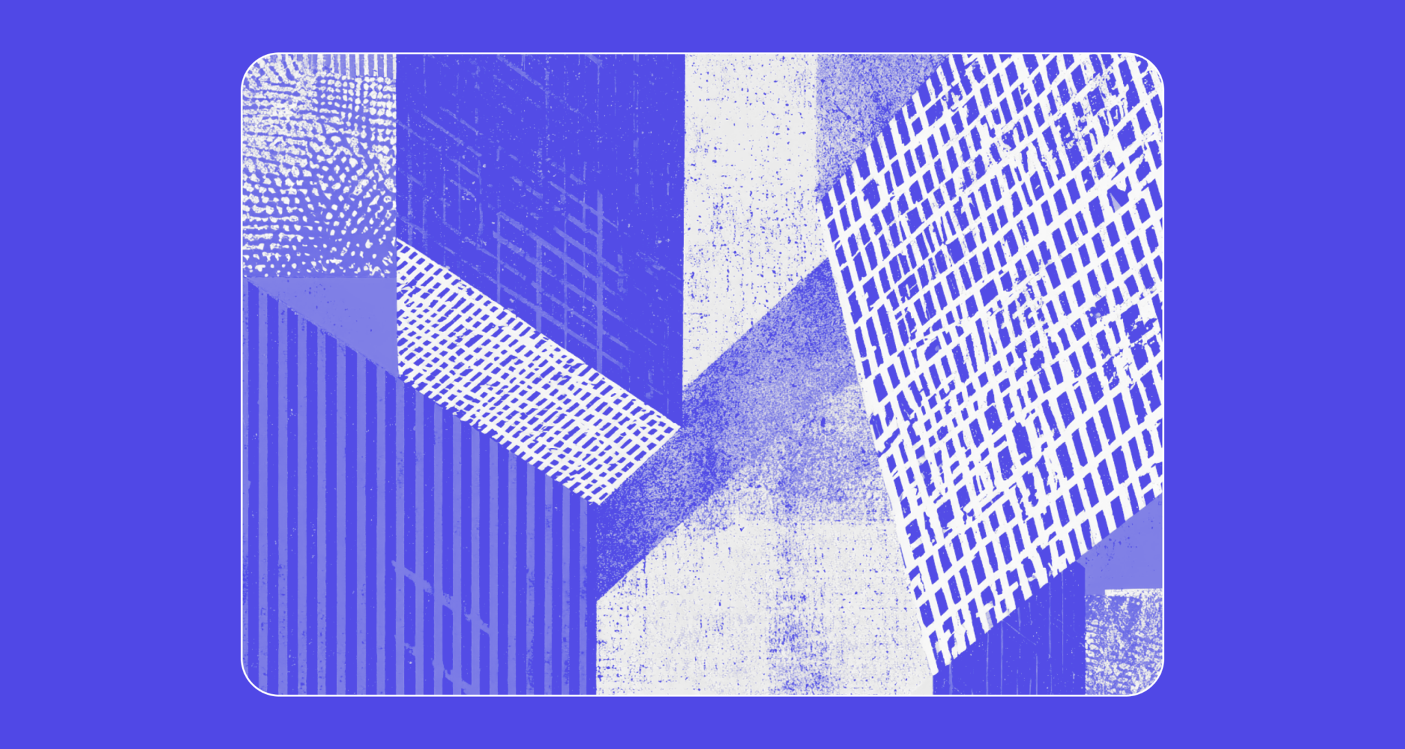 Abstract geometric composition in blue tones with layered textures, grid patterns, and architectural shapes