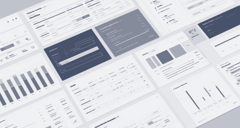 Multiple dashboard and analytics interface screens displayed in a grid, showing charts, tables, and data panels