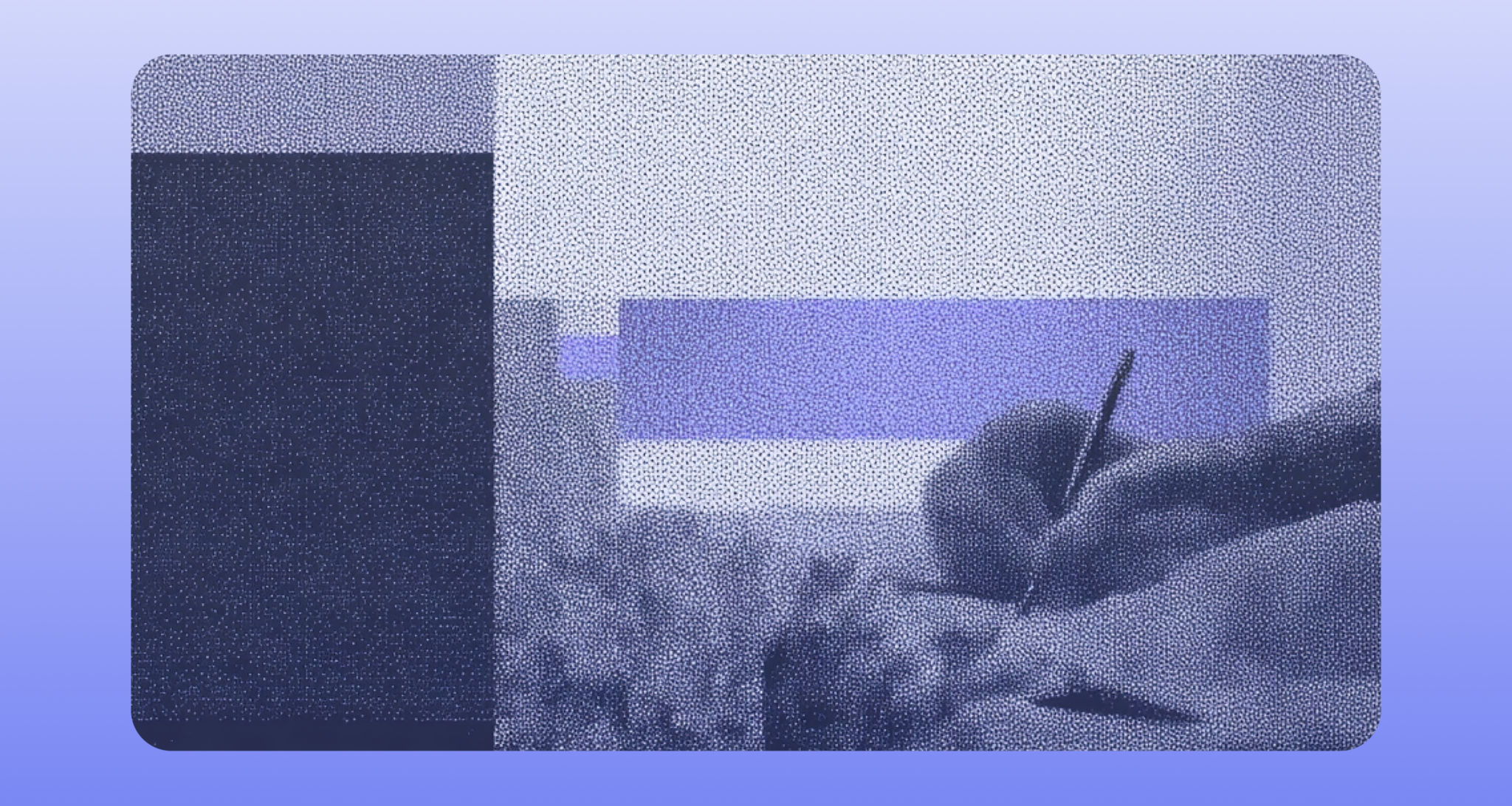 Hand holding a pen writing on paper with abstract blurred background in blue tones