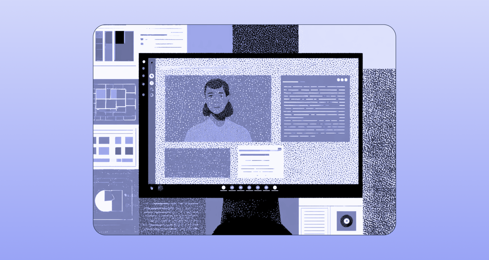 Computer monitor displaying a virtual meeting interface with a person on screen and multiple content panels around it