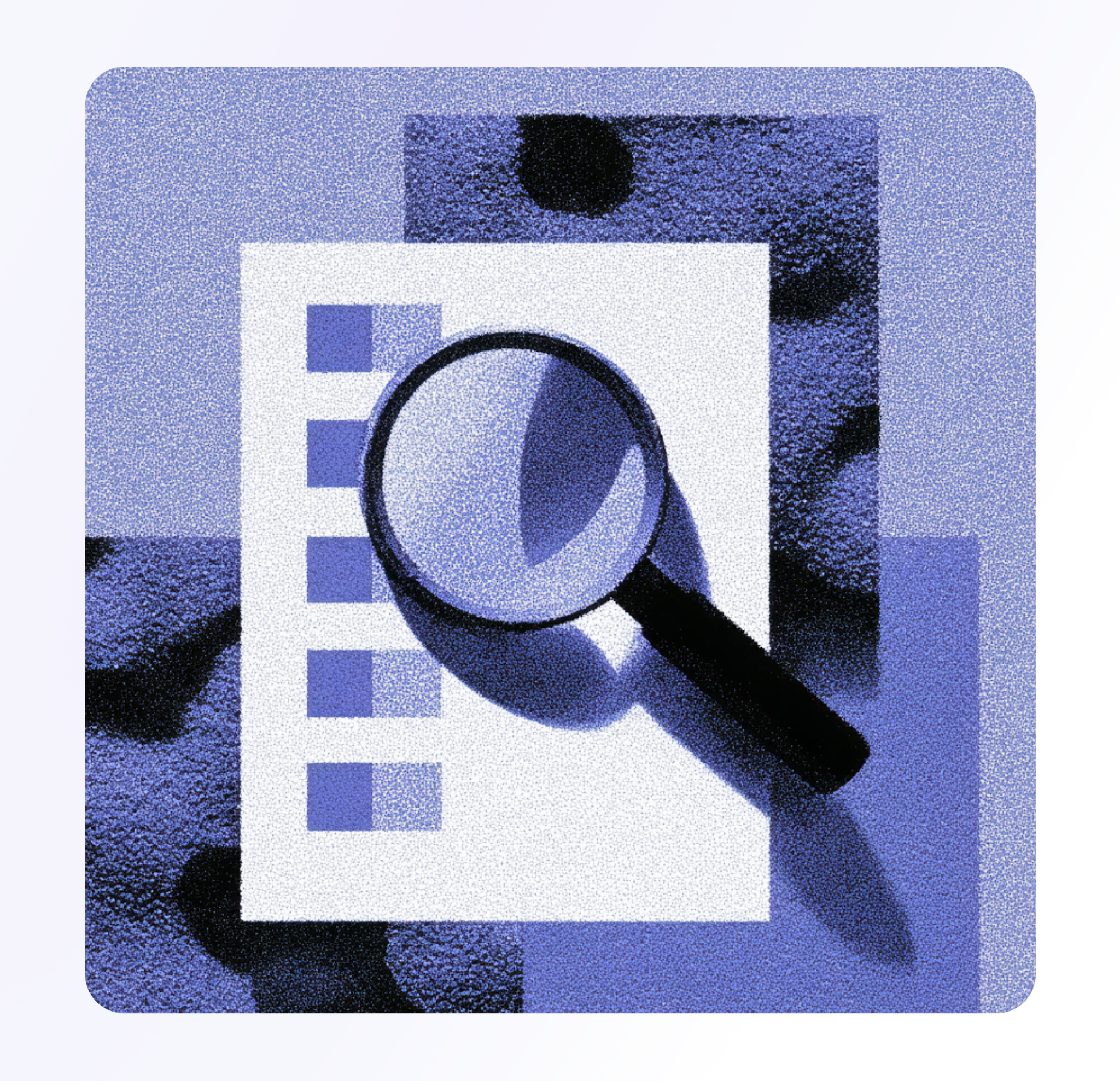 Magnifying glass over a checklist on a document, representing review or analysis