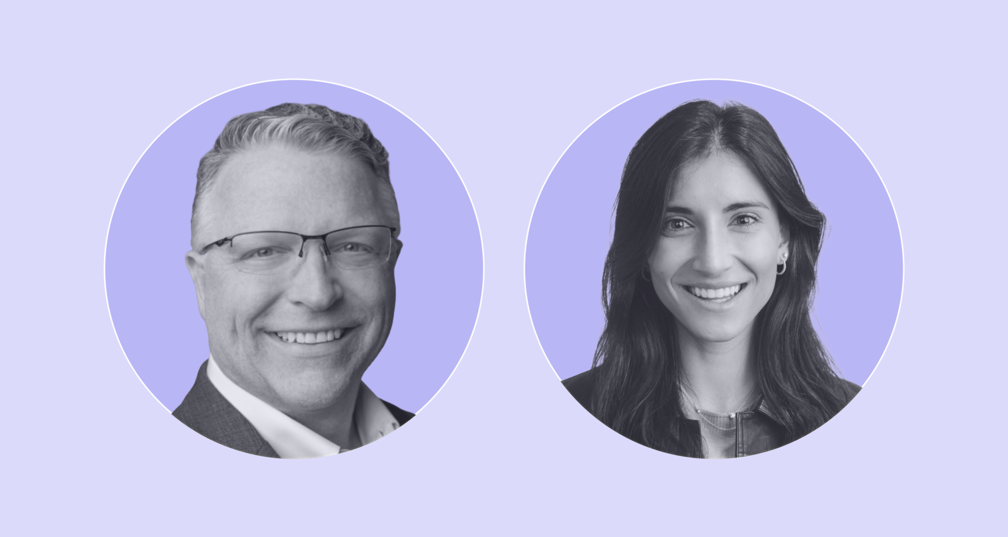 Two speaker headshots displayed side by side on a light purple background.