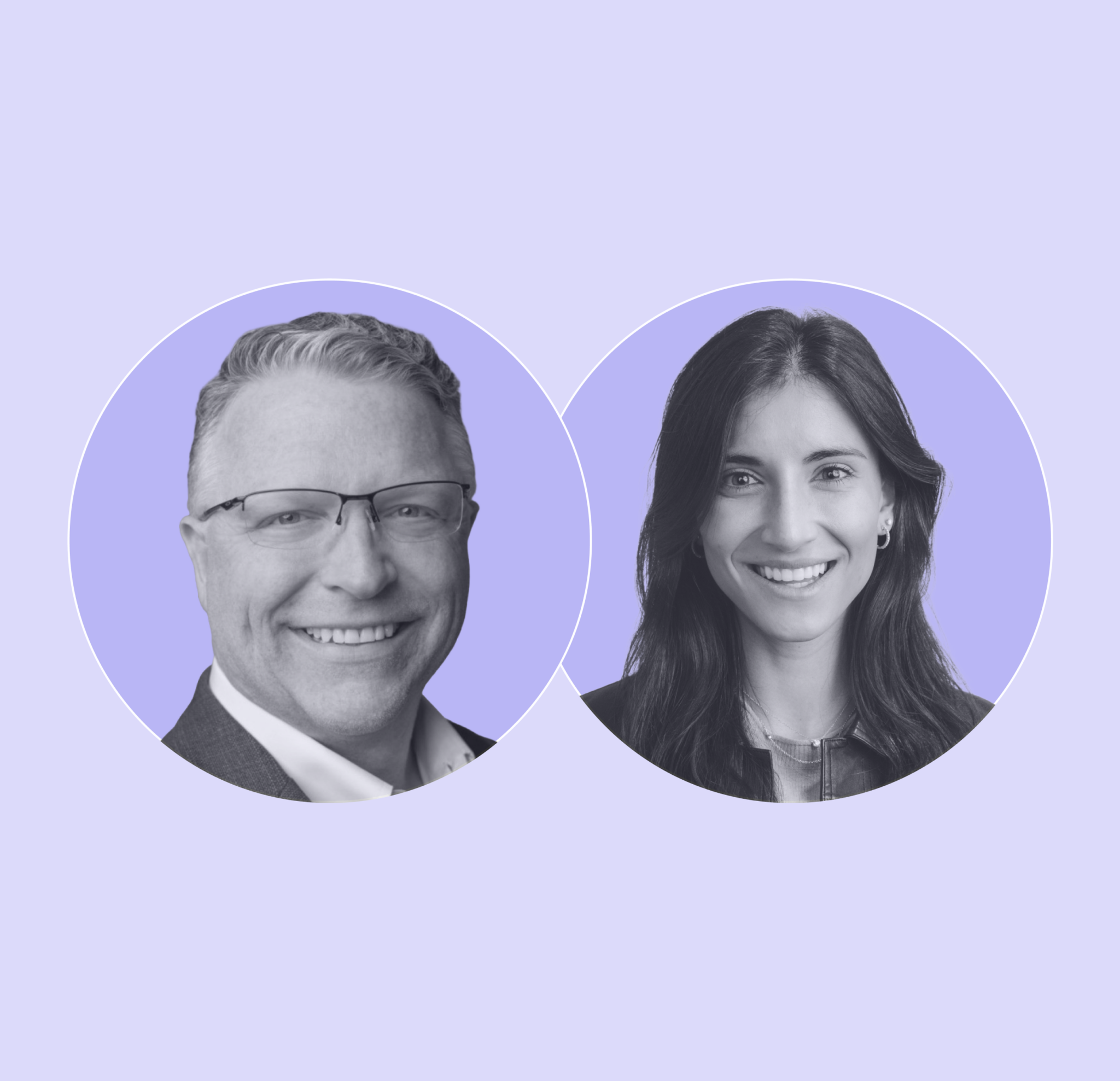 Professional portraits of two speakers shown in circular frames against a light purple background.