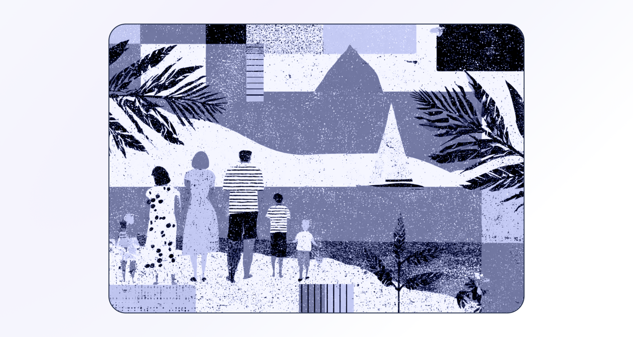 Family standing together, facing a stylized landscape with abstract shapes in blue tones
