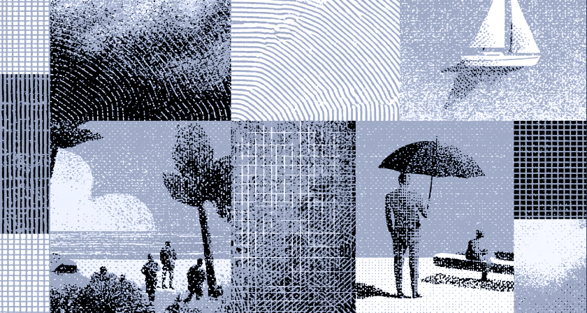 Abstract collage featuring fingerprint patterns, geometric grids, coastal scenery, trees, and human silhouettes in blue-gray tones.
