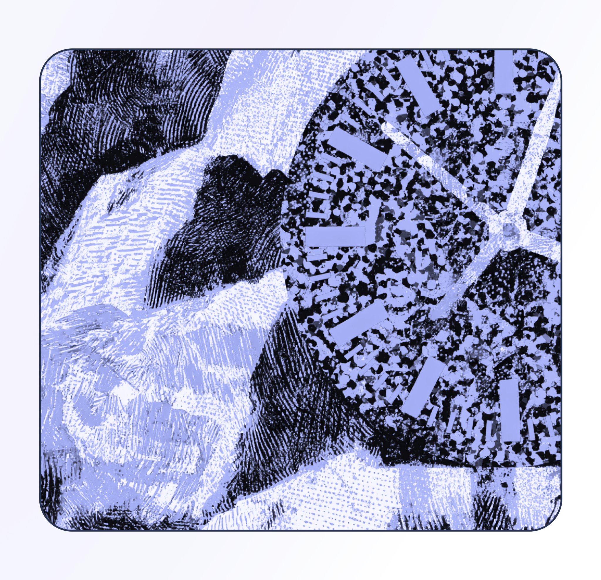 Abstract blue-toned composition with textured leaves and geometric patterns.