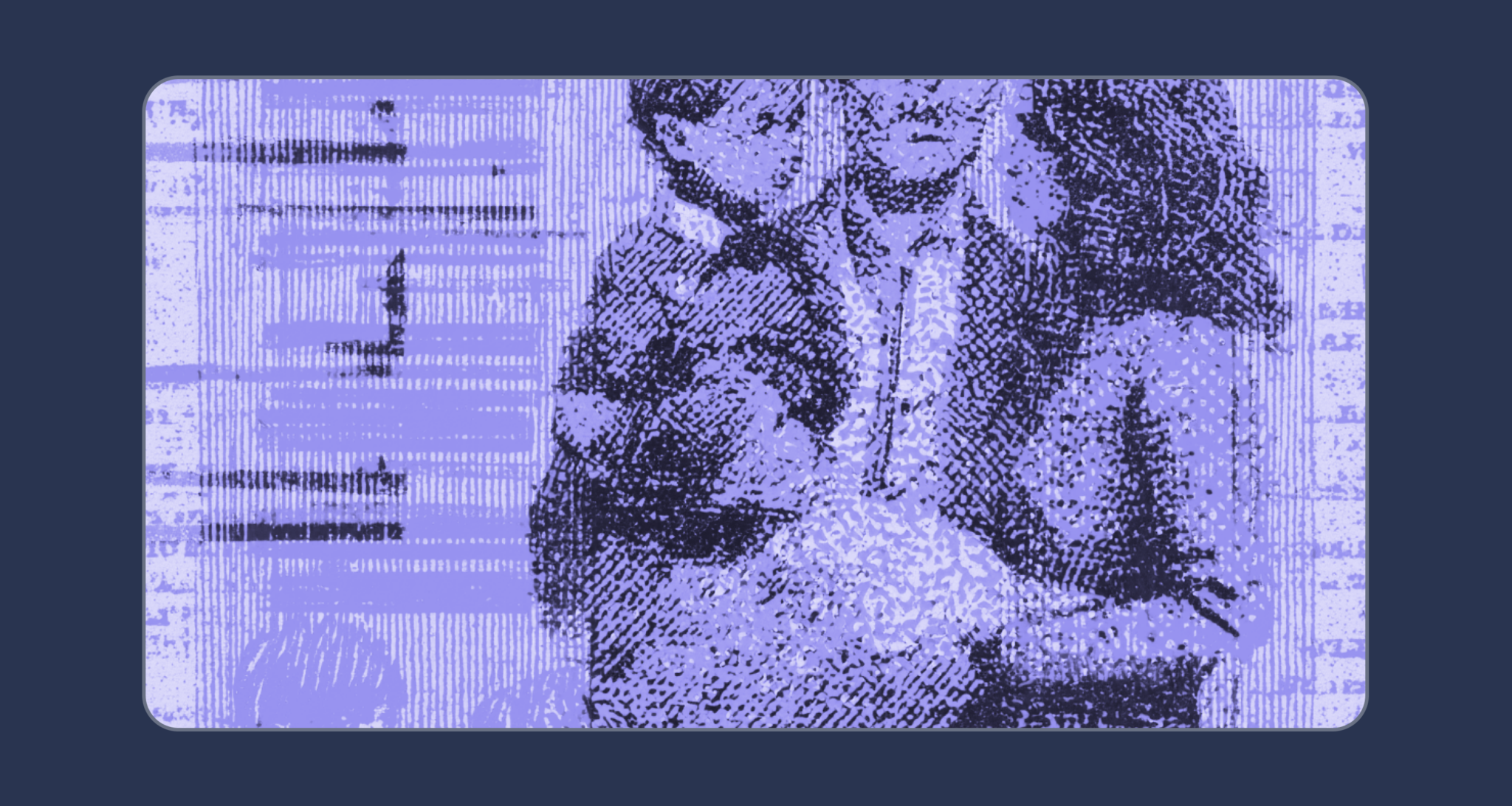 Abstract blue artwork featuring two figures side by side with layered textures and patterns.