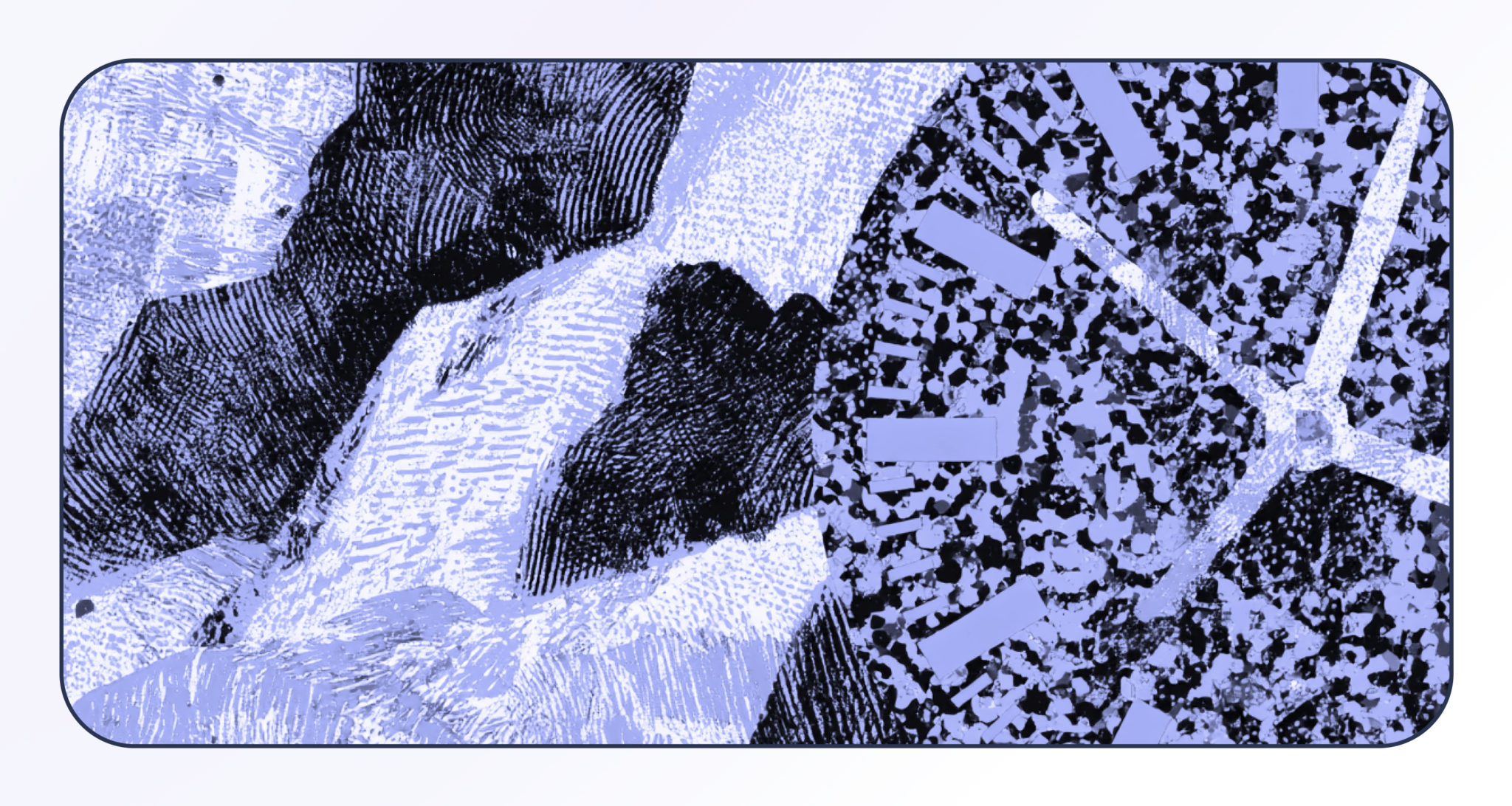 Abstract blue-toned composition with textured leaves and geometric patterns.