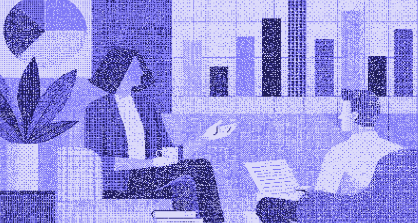 Illustration of a financial advisor meeting with a client, with charts and graphs displayed in the background.