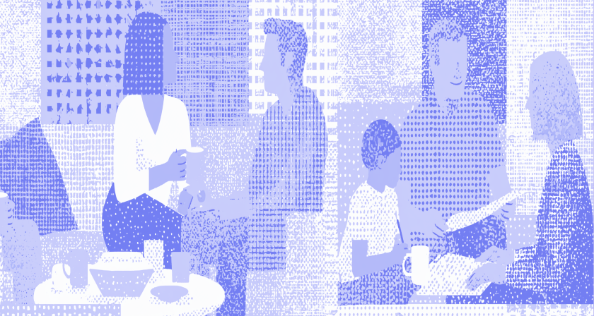 Illustration of an advisor meeting with clients and a family discussing estate planning.