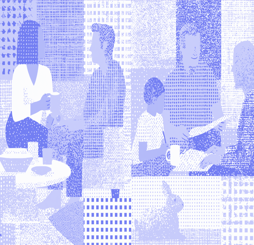 Illustration of an advisor meeting with clients and a family discussing estate planning.