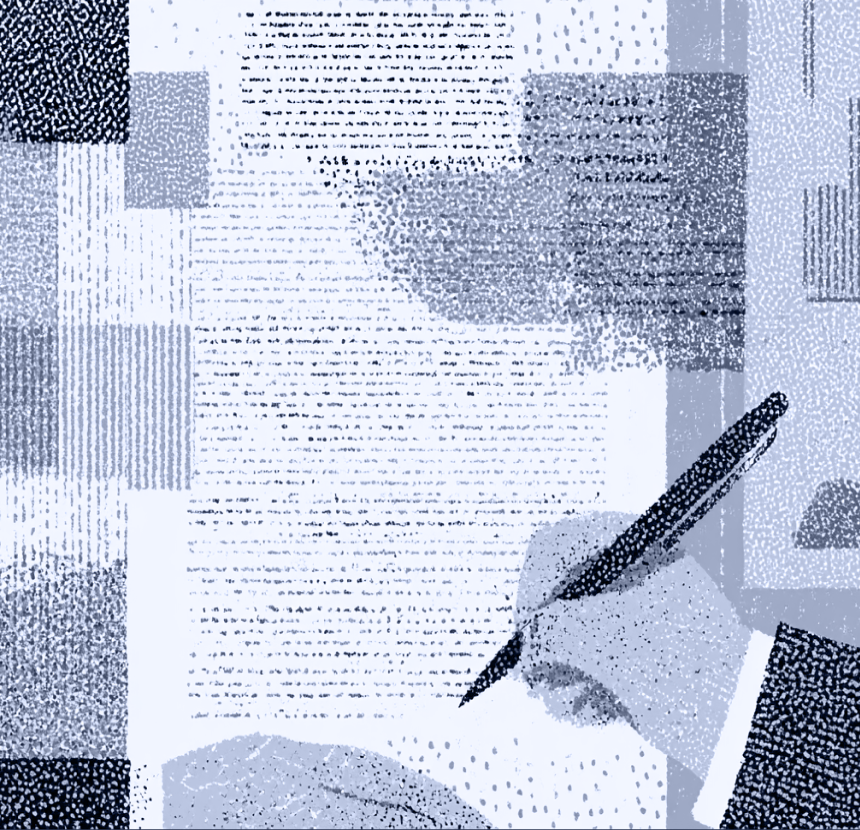 Close-up illustration of a hand signing an estate planning document.