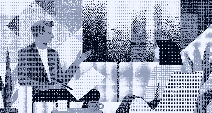 Illustration of financial advisor reviewing estate planning documents with a client.
