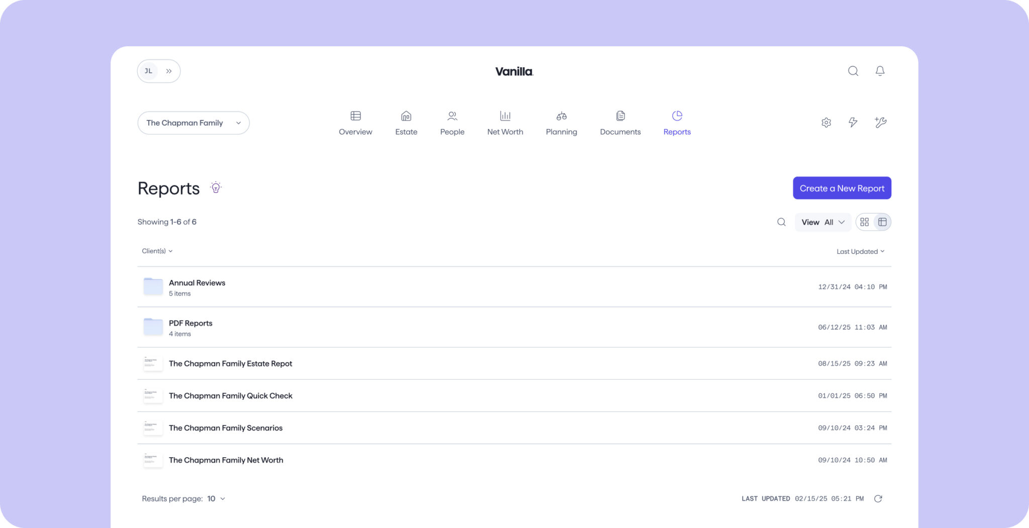 A screenshot of Vanilla's Reporting tab showing the new landing page for creating an estate report