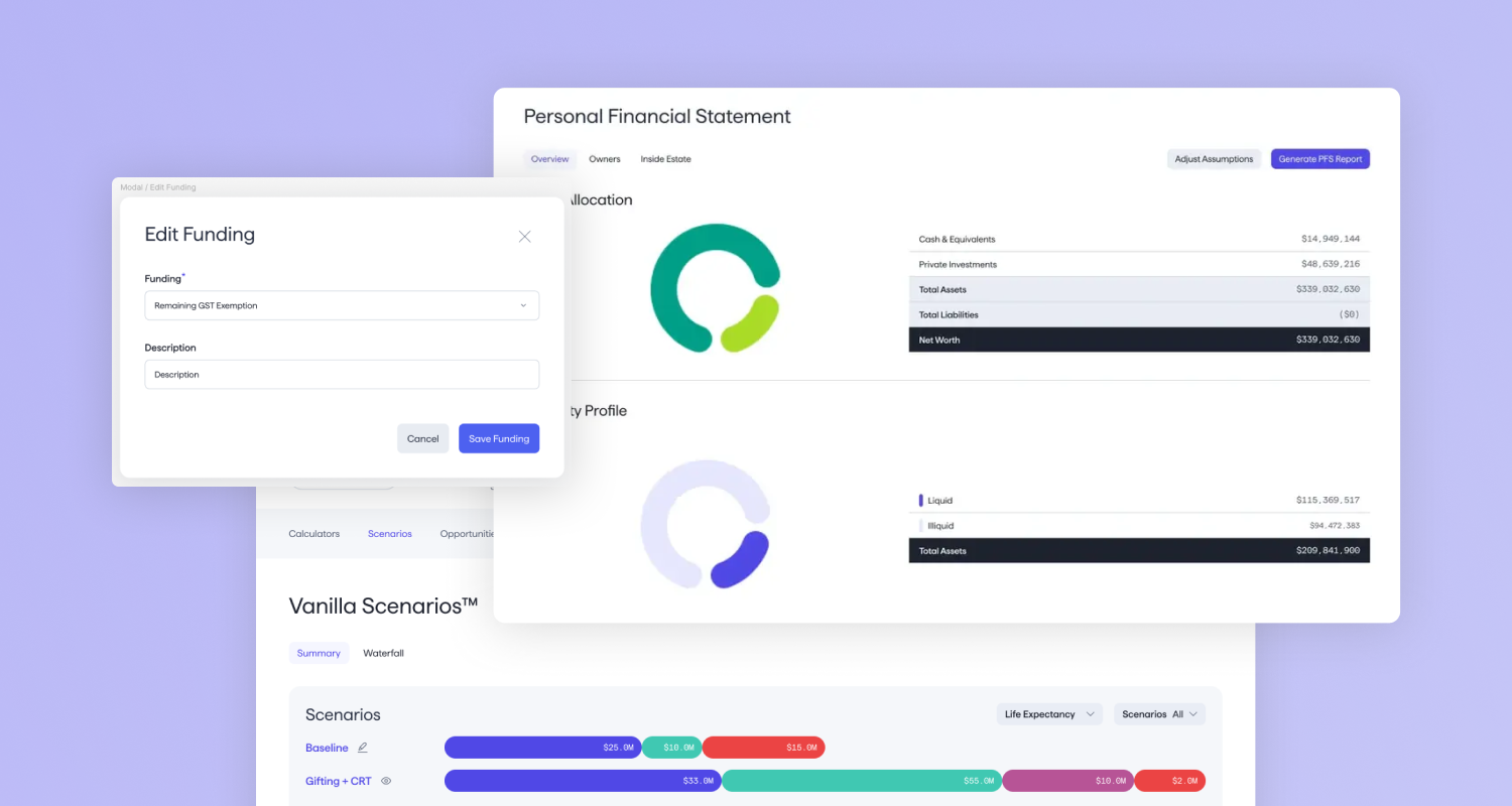 A collage of pictures from Vanilla displaying product updates to the Personal Financial Statement, GST tax, and scenario modeling