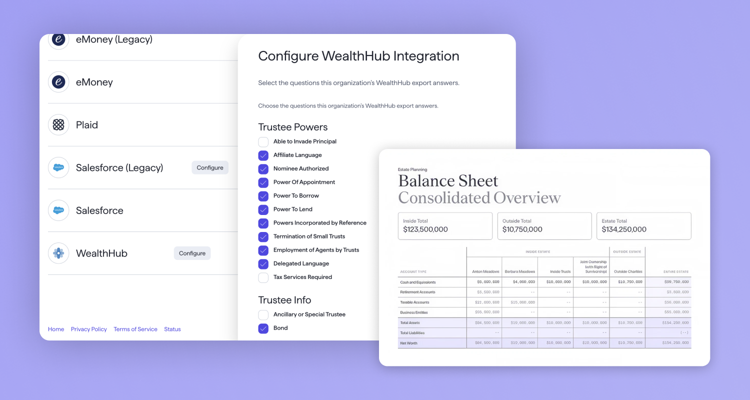 This image shows a collage with Vanilla's WealthHub integration configuration page, along with a picture of the Balance Sheet Consolidated overview page that goes into the PDF report