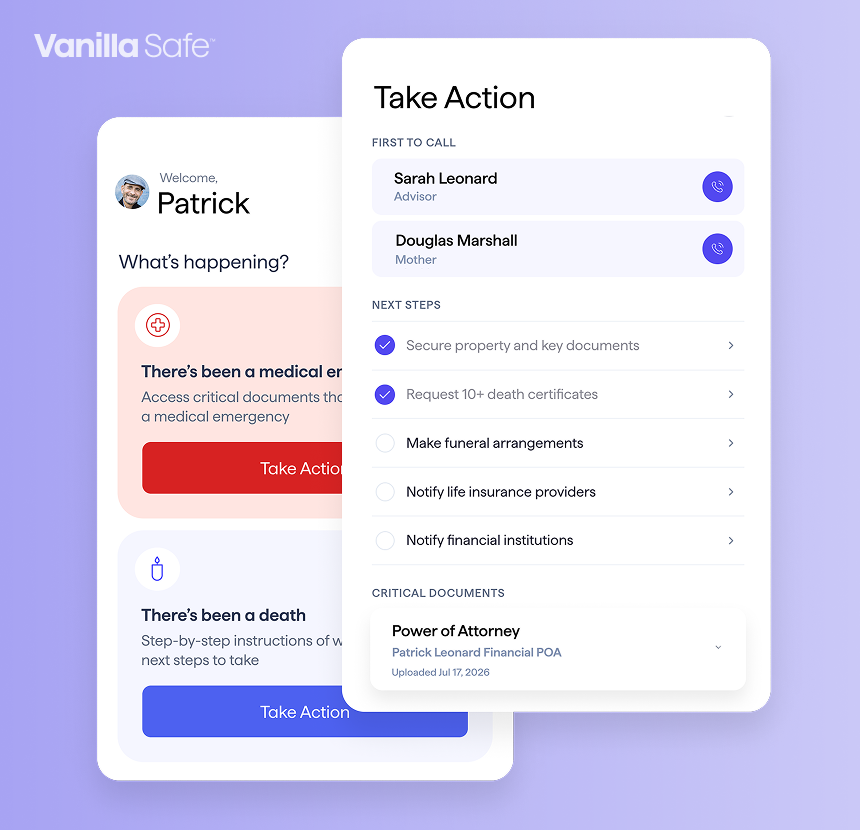 Vanilla Safe dashboard with emergency action steps and critical documents.