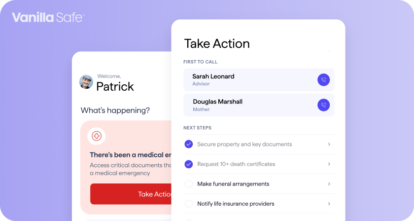 Vanilla Safe dashboard with emergency action steps and critical documents.