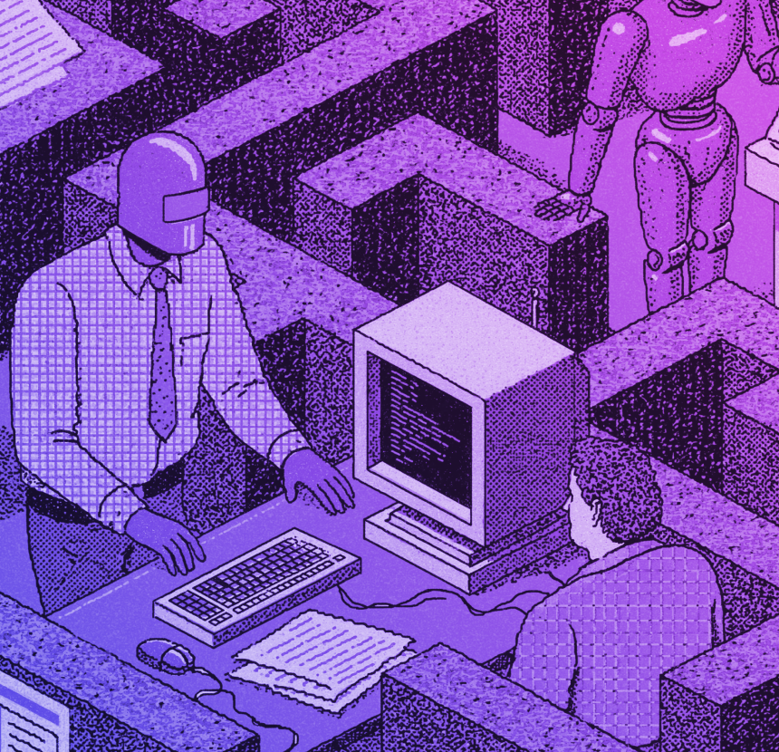 Clients navigating a maze with a financial planning AI agent, illustrating agentic estate planning workflows