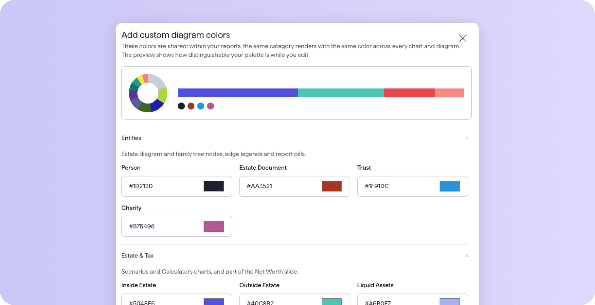A picture with the options for customizing colors in charts and diagrams on the PDF report in Vanilla