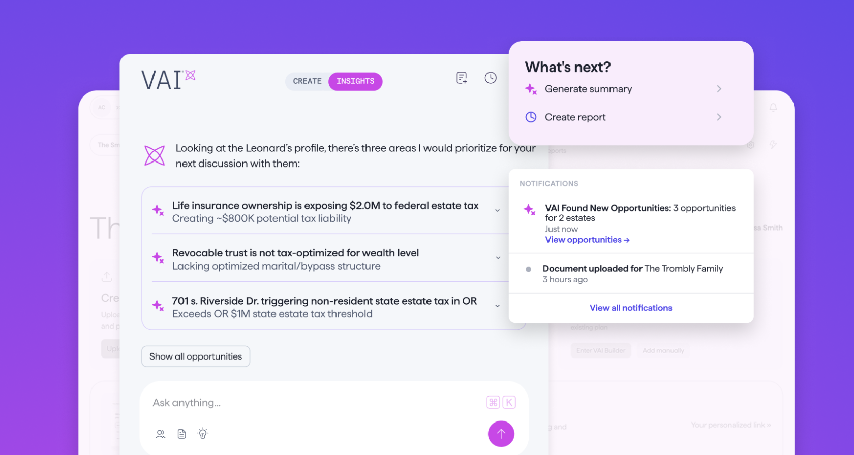 product screenshots of VAI, the agentic AI for estate planning in landscape format