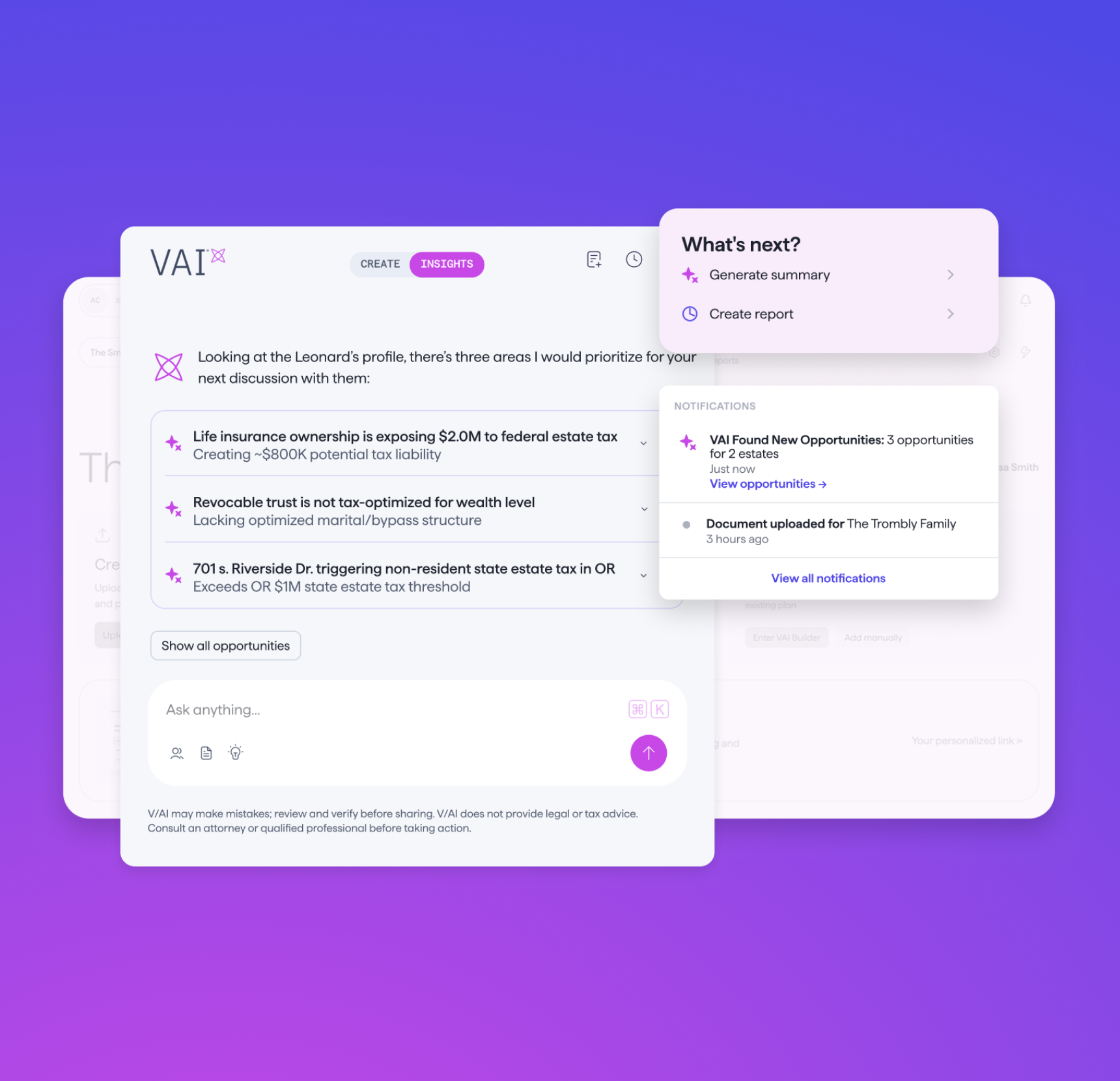 product screenshots of VAI, the agentic AI for estate planning in 1:1 aspect ratio