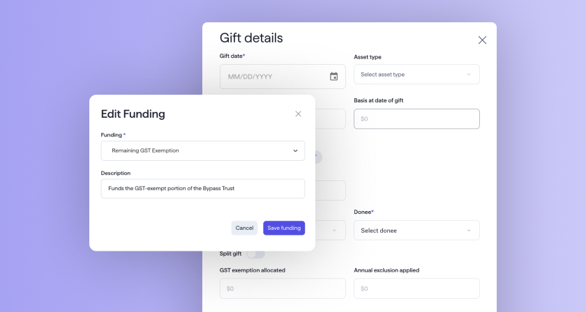 An overlay of Vanilla's lifetime gift tracking module and the option to fund subtrusts with the remaining GST exemption in Vanilla Estate Builder
