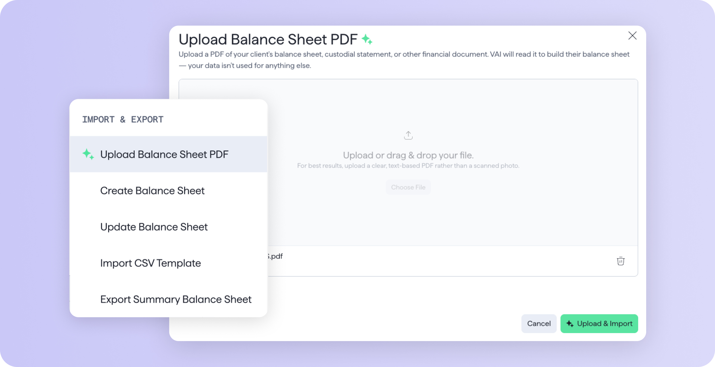 A collage of the modules for uploading a PDF for VAI to extract financial information out of for the balance sheet in vanilla