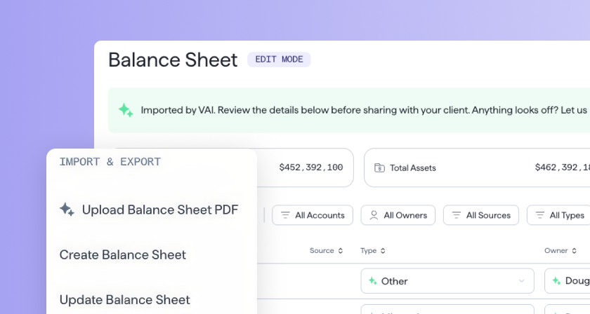 A collage showing the option to upload a PDF and have VAI extract information into Vanilla's Balance Sheet. Another image shows the edit mode that users land in after uploading the PDF, where one can validate the information that was extracted via AI.