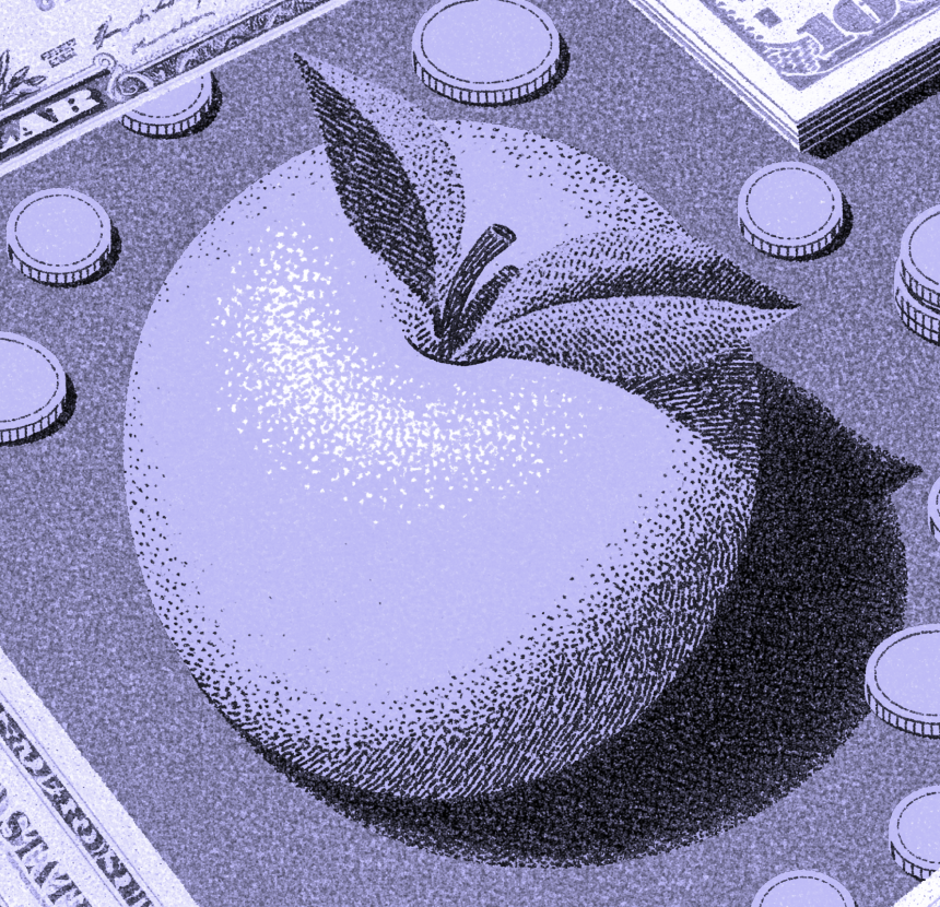 Illustration of an apple surrounded by coins and dollar bills.