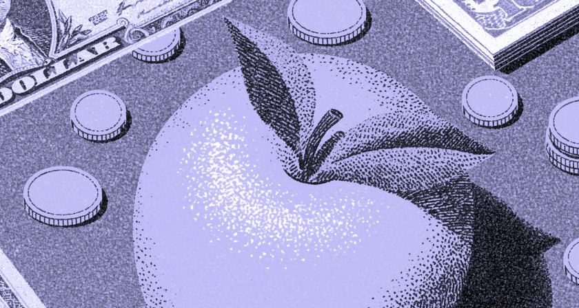 Illustration of an apple surrounded by coins and dollar bills.